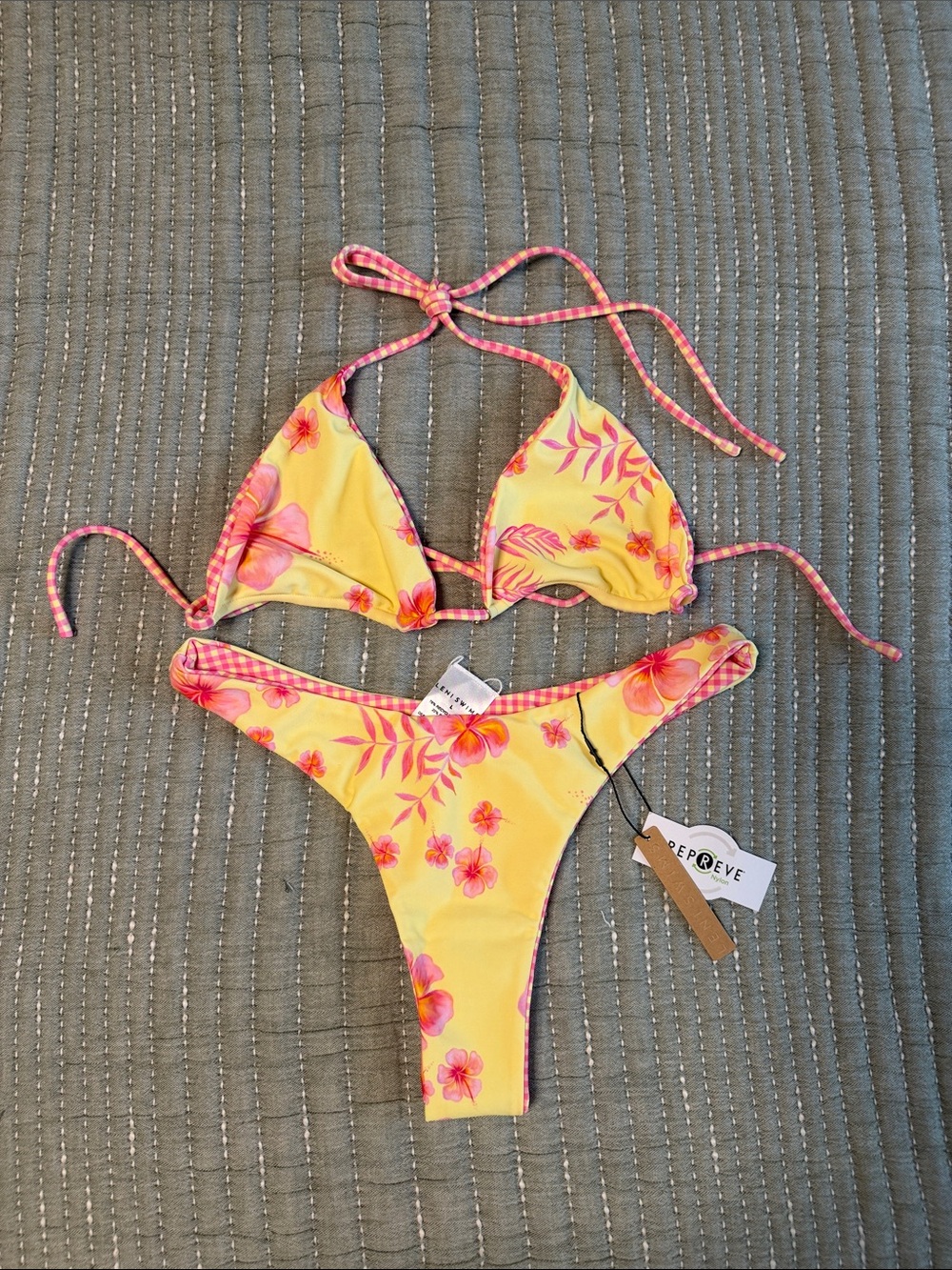 NWT Leni Swims Floral Clementine Plaid Reversible Bikini Set Yellow Pink Large